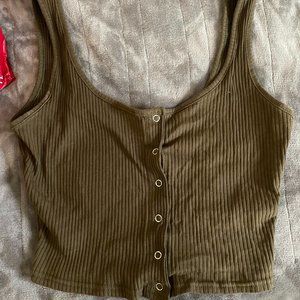 Olive Green rib-knit button down cropped tank top